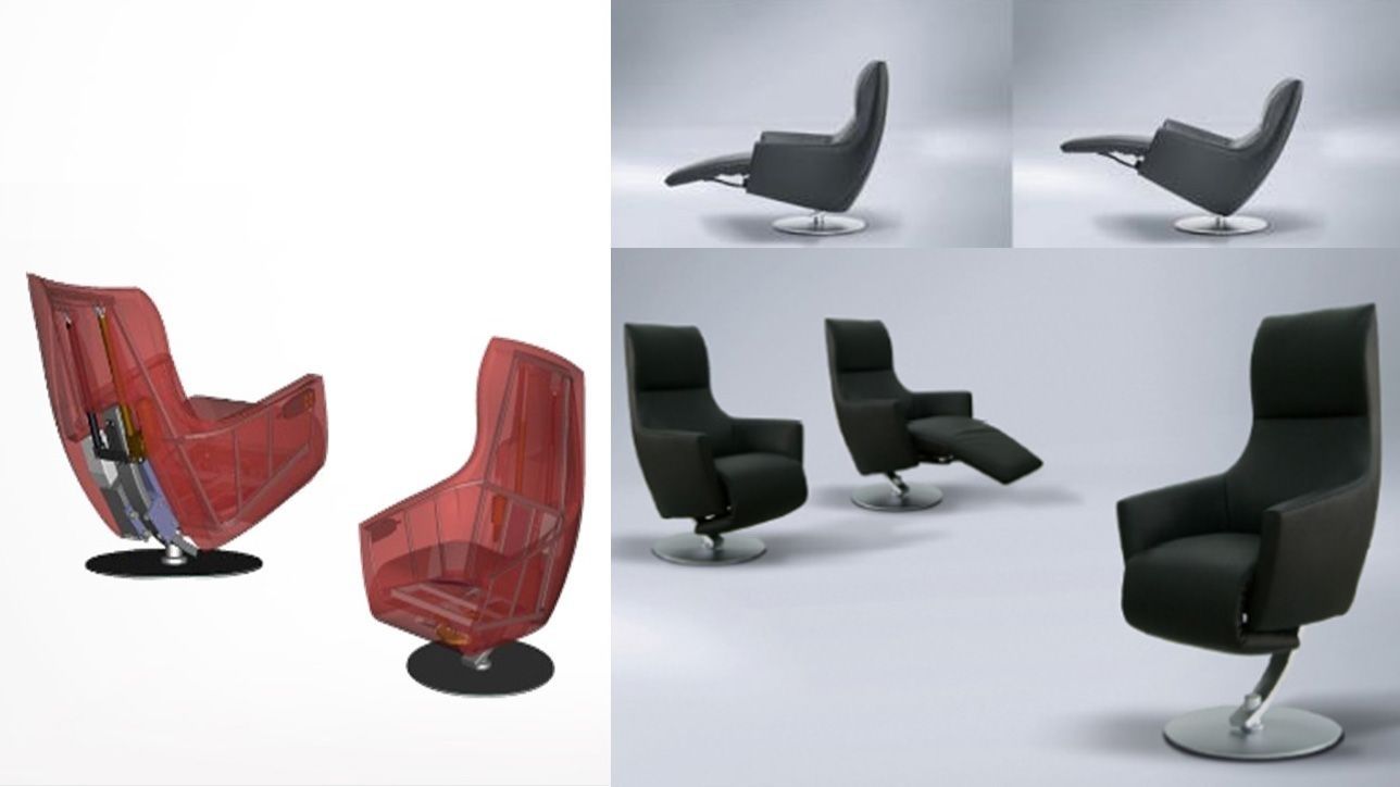 Relax-Sessel in schwarz und rot aus verschiedenen Perspektiven.