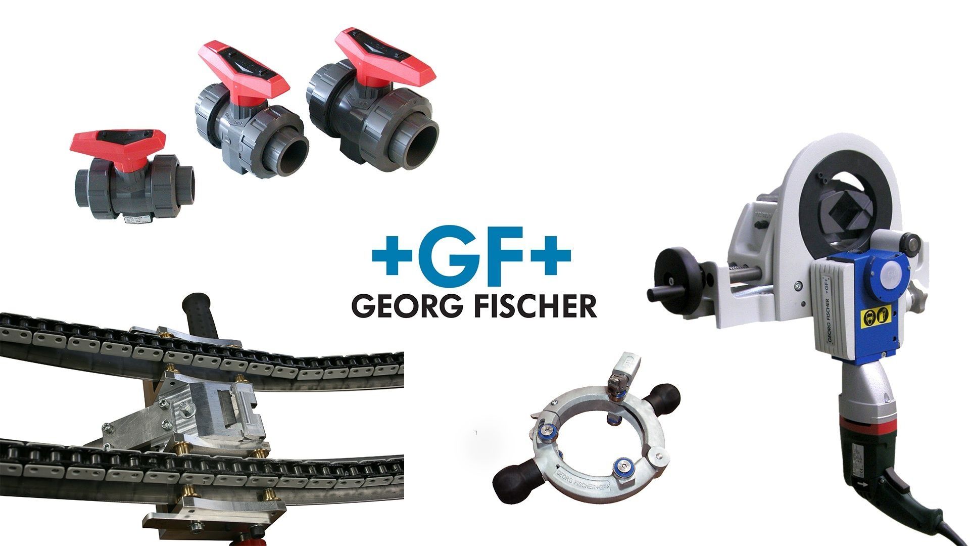 Georg Fischer Logo darum angeordnet Rohrablänger, Rotationsschälgerät und Kugelhahn