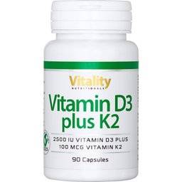 D-vitamiini 2500 IU ja K2-vitamiini 100 µg kapseleissa