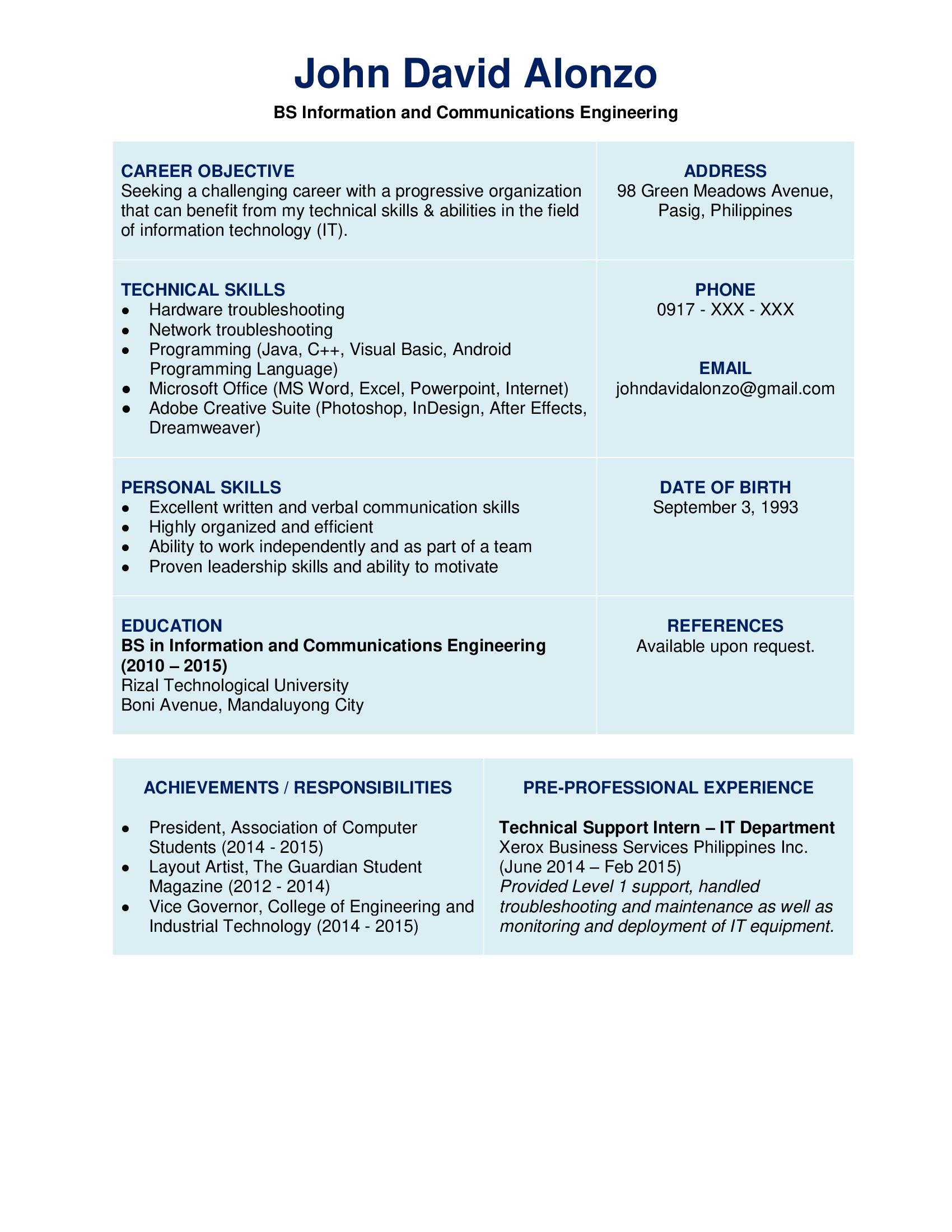 example of resume objective for fresh graduate