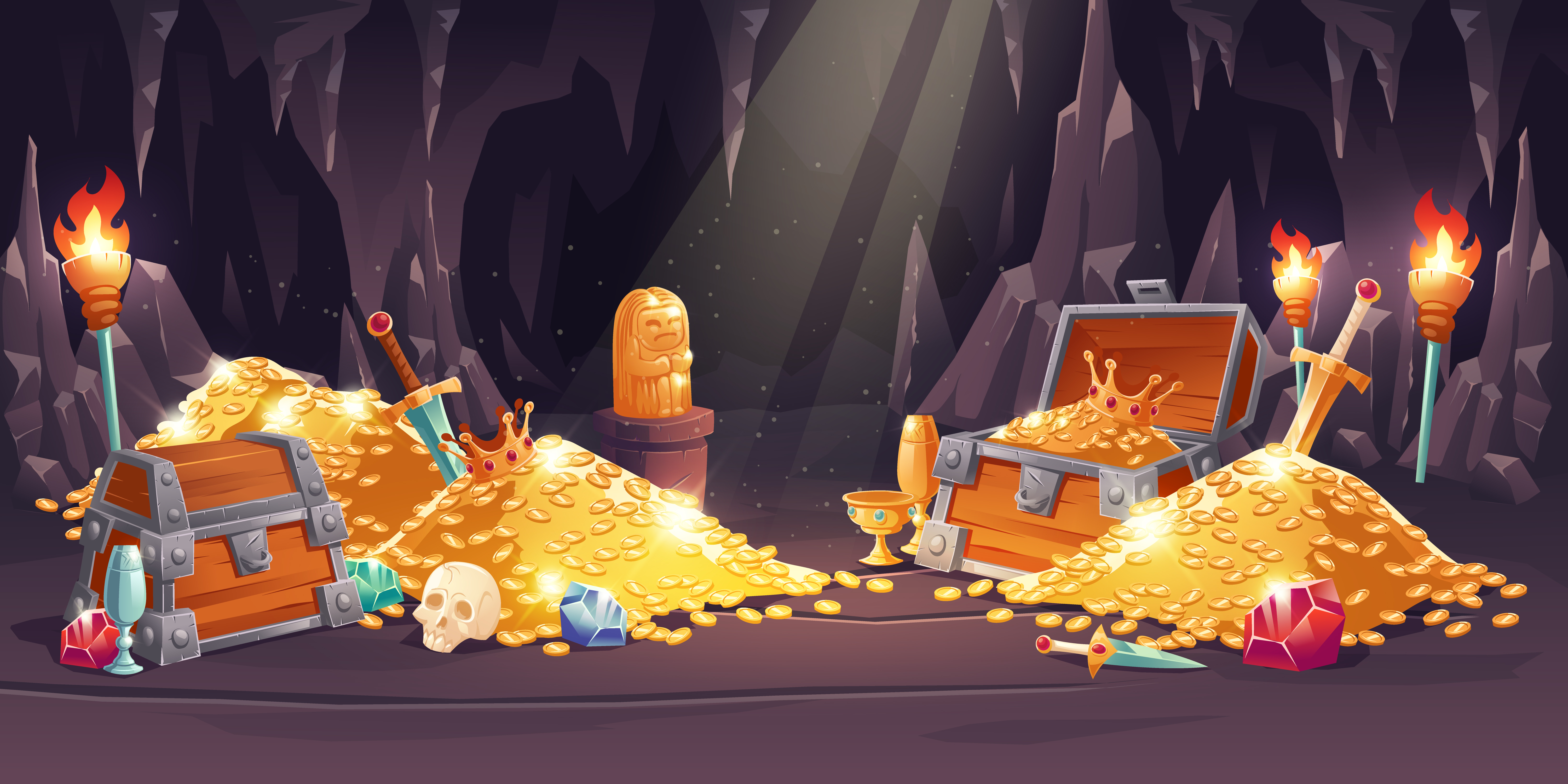 Cavern with treasure of gold coins, chests, gems, and other valuable items