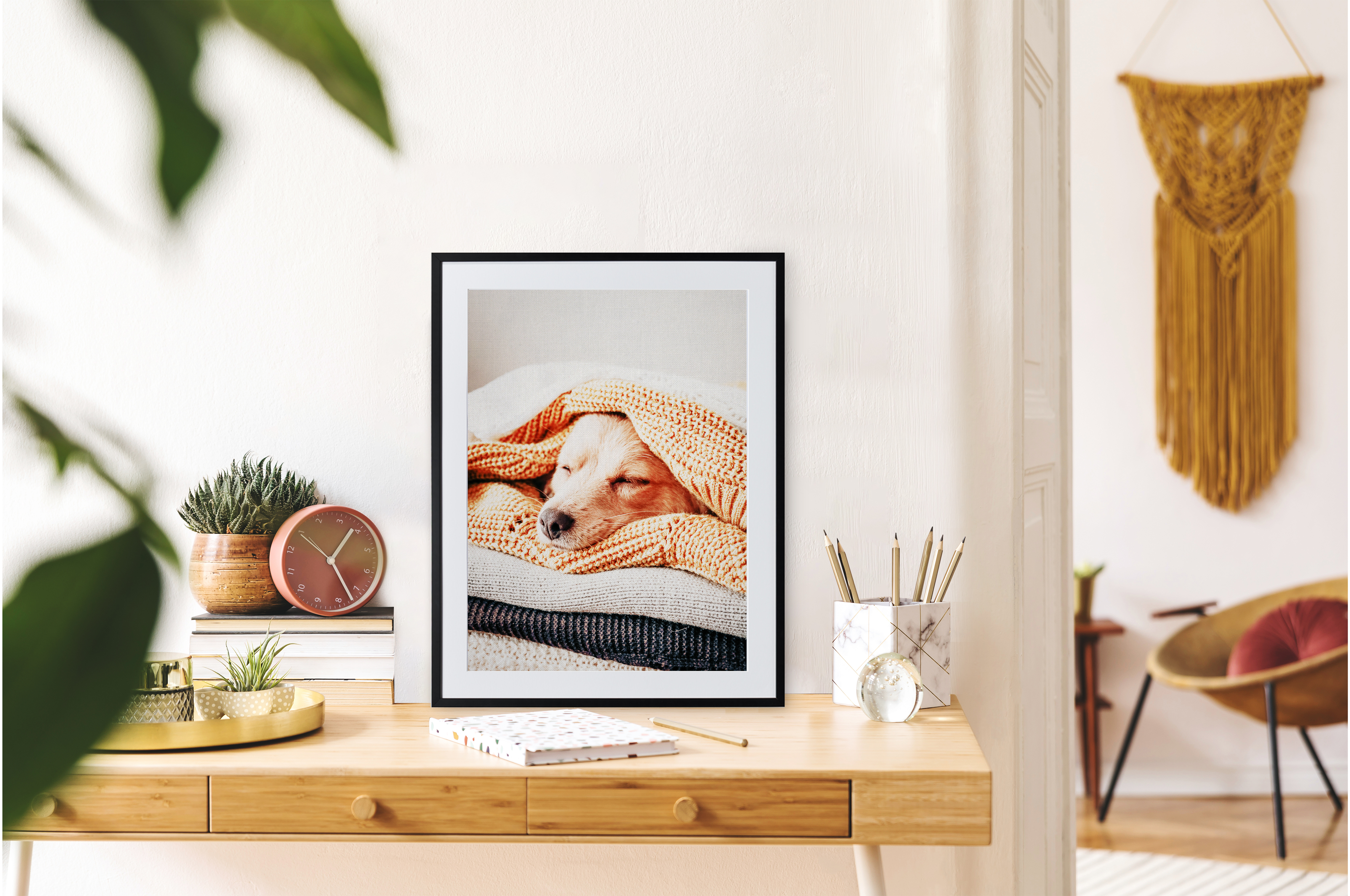 Framed print of dog under blankets