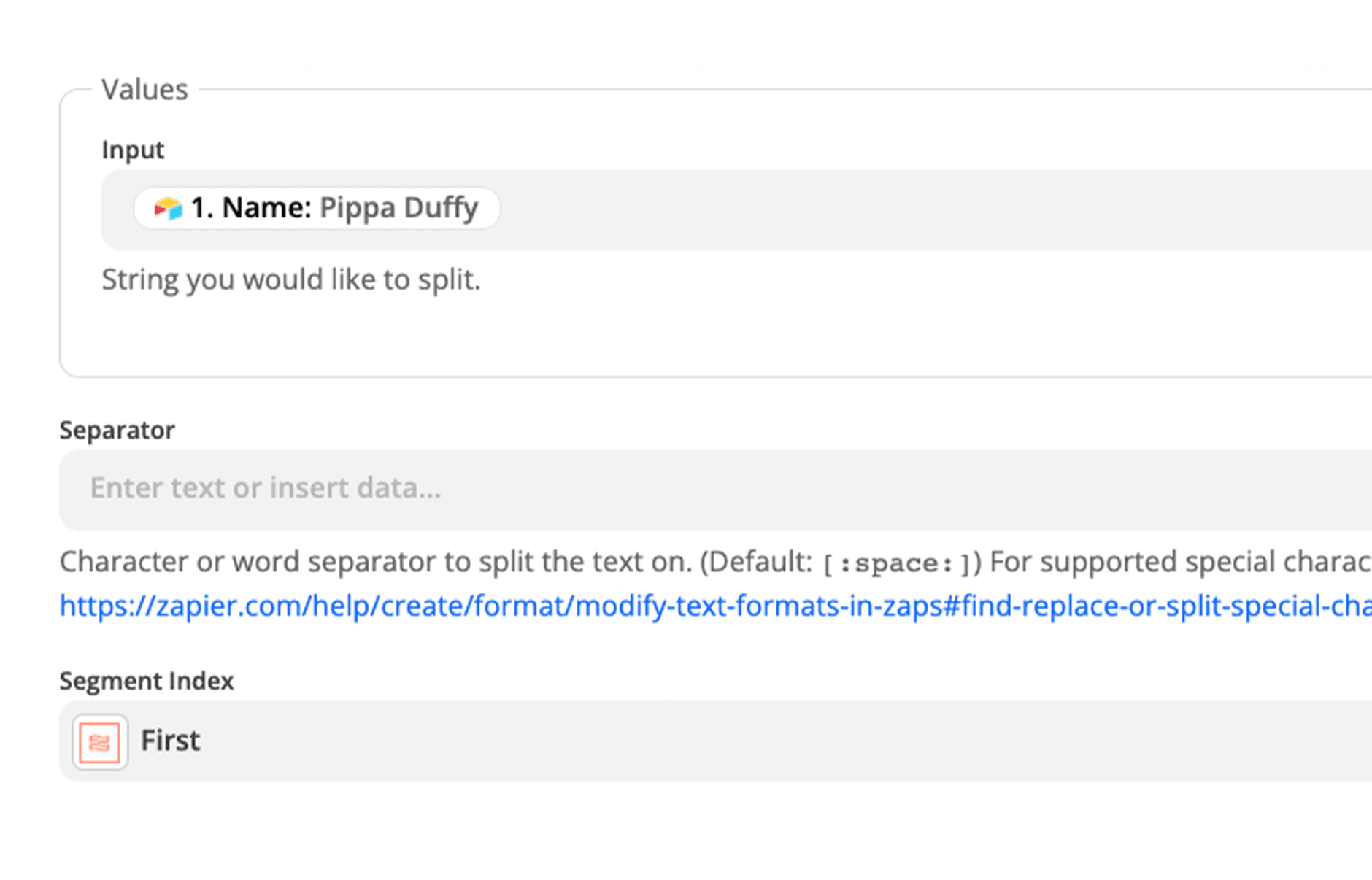 Zapier's split text tool is being used to break up the name Pippa Duffy into  seperate first and name values.