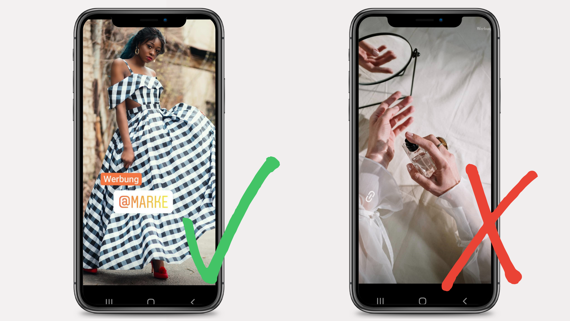 Beispiel für Instagram-Werbung richtig kennzeichnen in IG-Story: Werbung deutlich und sichtbar gesetzt vs. Werbung schlecht lesbar