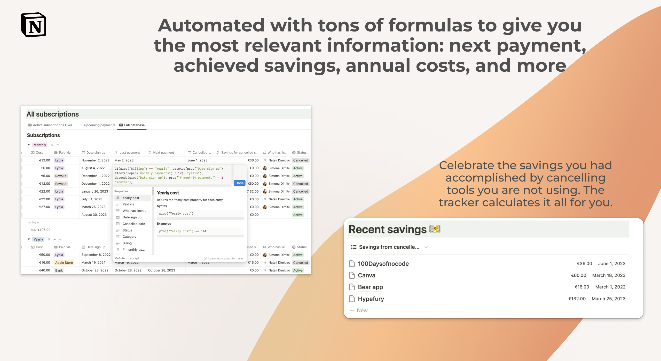 Overview of subscription management with automated formulas for cost tracking.