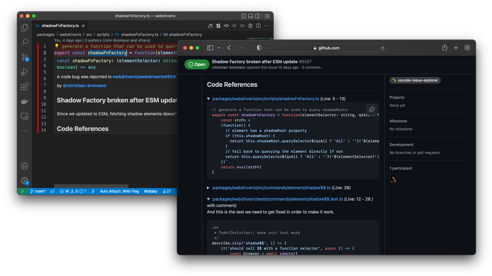 Issue displayed in code and GitHub issues side-by-side