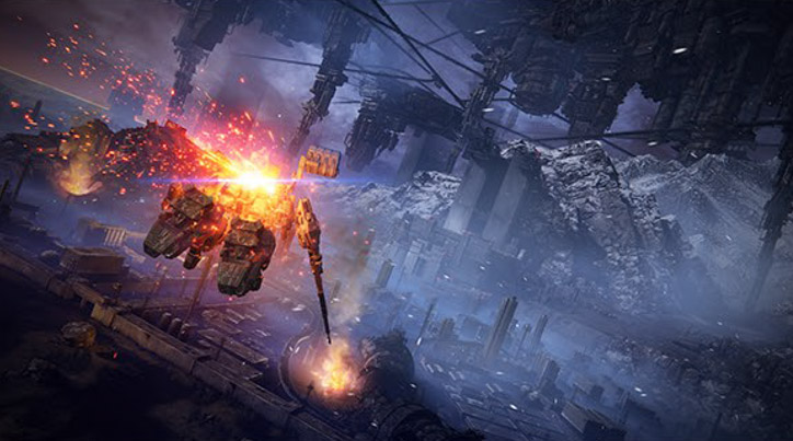 Screenshot of 3D mech flying in ARMORED CORE 6.