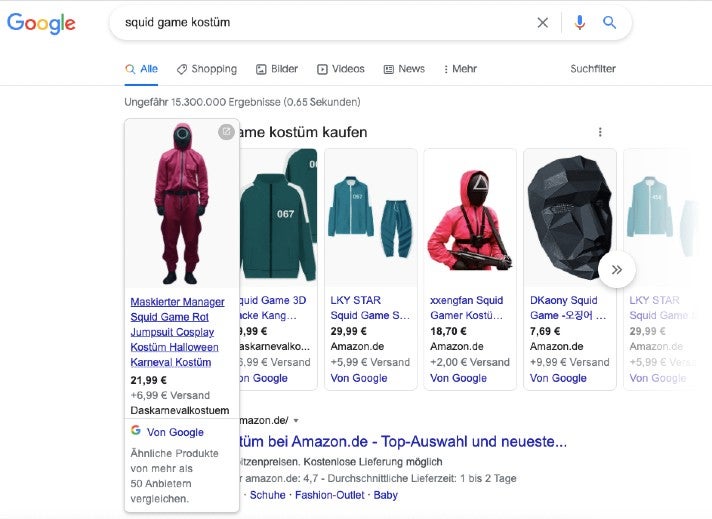 Ergebnis für eine Google-Suche nach "squid game kostüm": Das erste bezahlte Suchergebnis führt zum Shop Daskarnevalkostuem.de