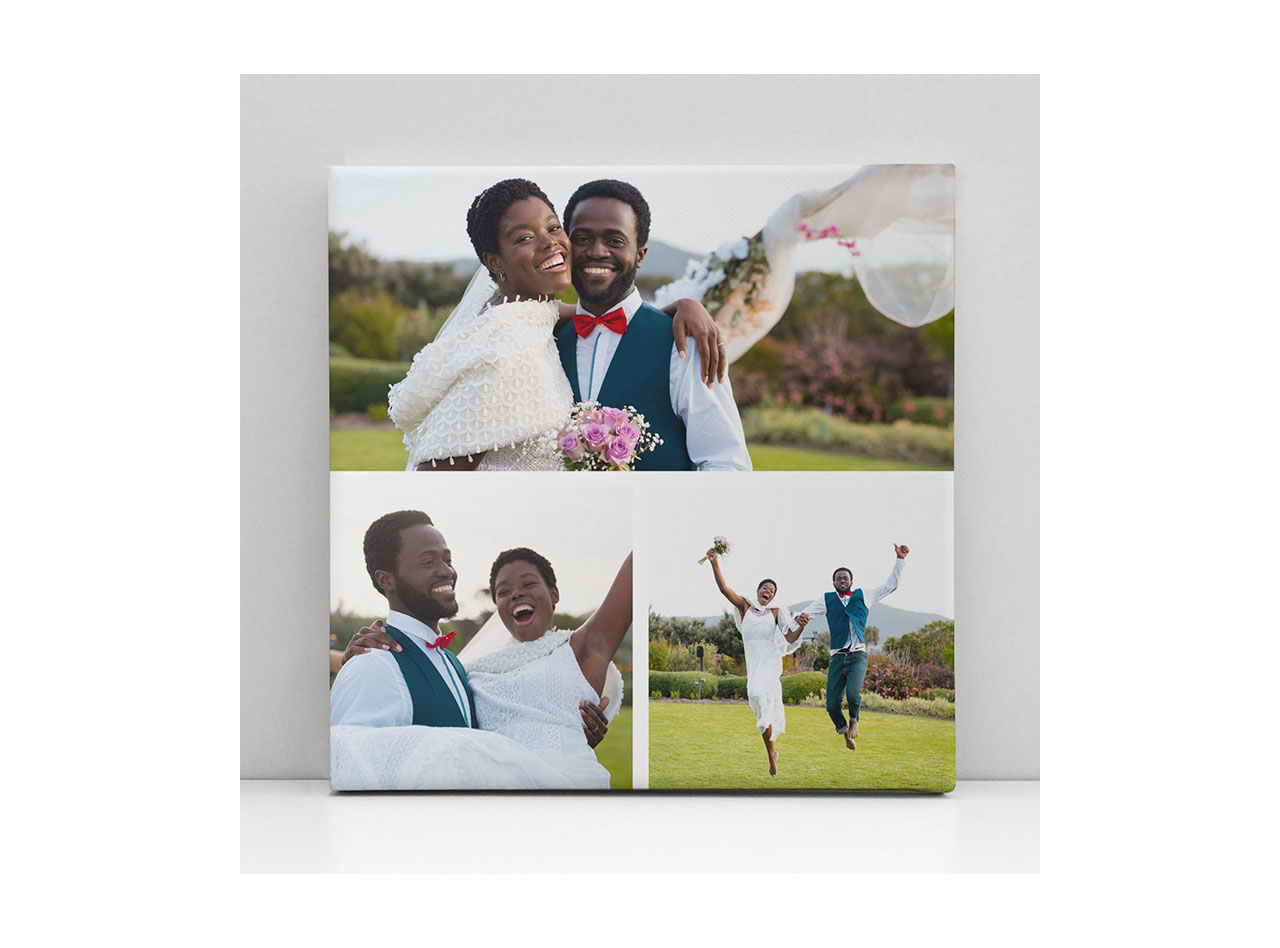 A square canvas featuring a collage of 3 images of a couple celebrating their wedding