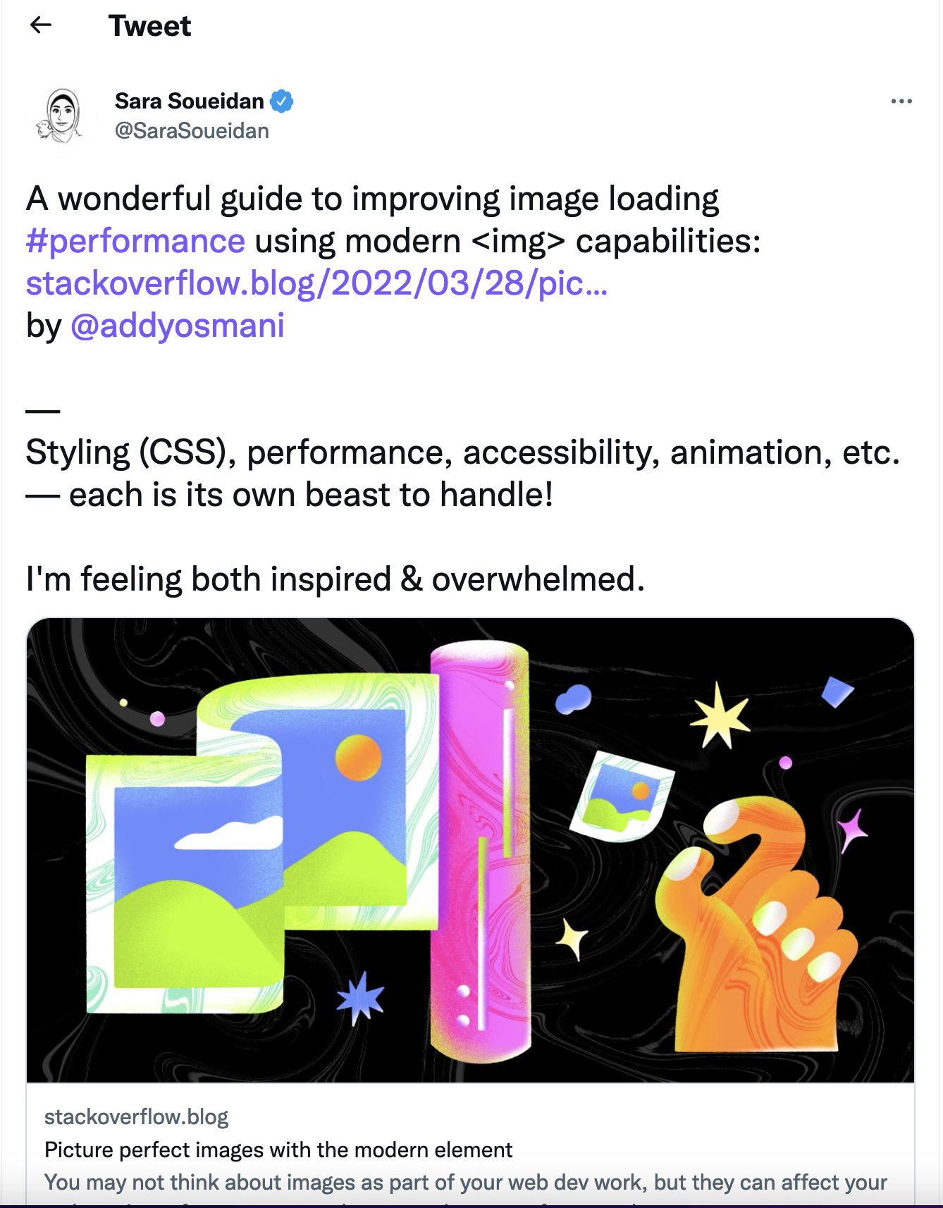 A tweet from Sarah Souidan where she shares a link to a performance article on Stack Overflow