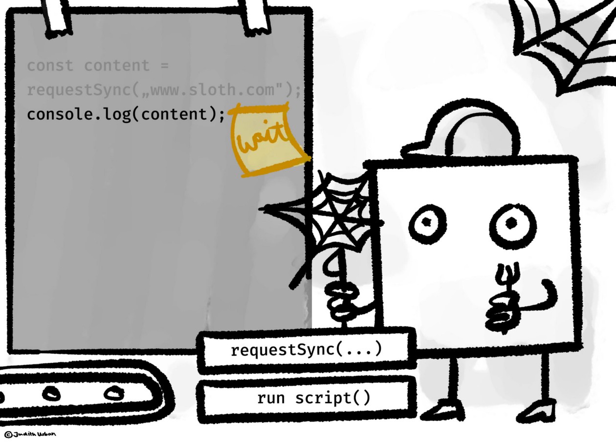 cartoon about request sync and frozen program in javascript