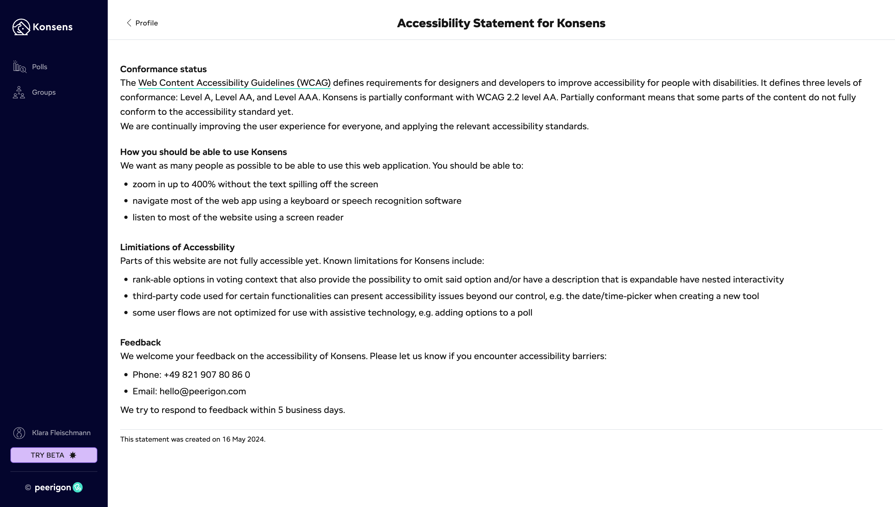 Screenshot of the Konsens accessibility statement on the web application, detailing conformance status, usage options, known limitations, and contact information for reporting additional issues.