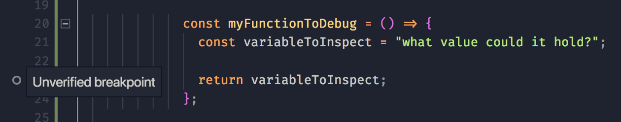 screenshot of code with an unverified breakpoint