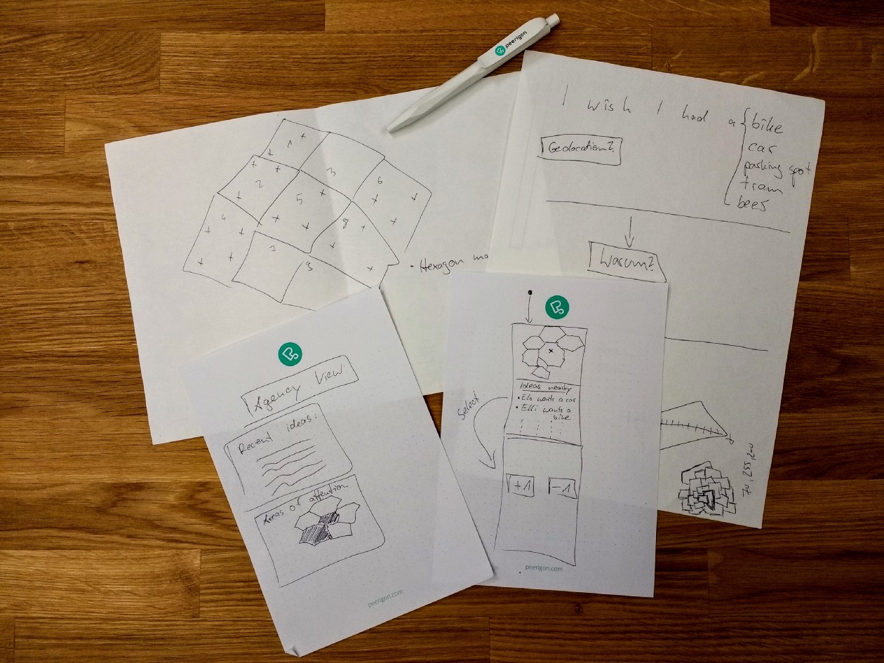 pieces of paper on a wooden surface showing sketches of the app design
