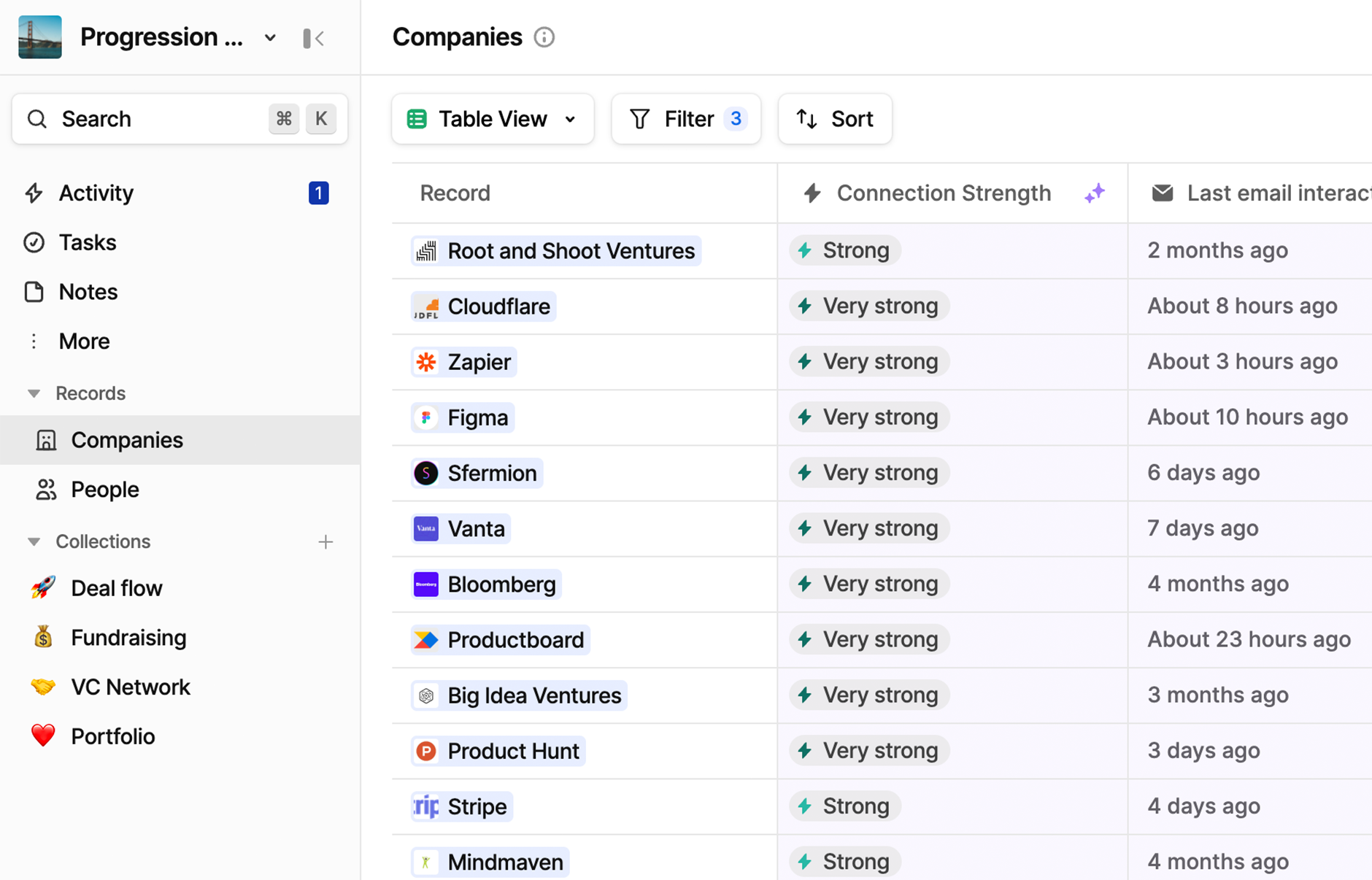  The companies tab in the Attio sidebar is selected, displaying a table view of every company in the example workspace.