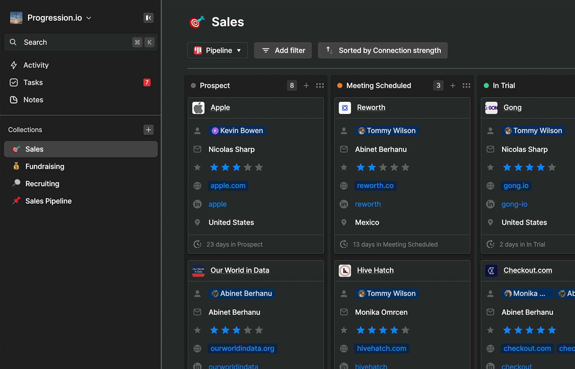A typical kanban view is shown, with Attio in dark mode. The background is a dark grey instead of white, and the text is white and blue instead of black and grey.