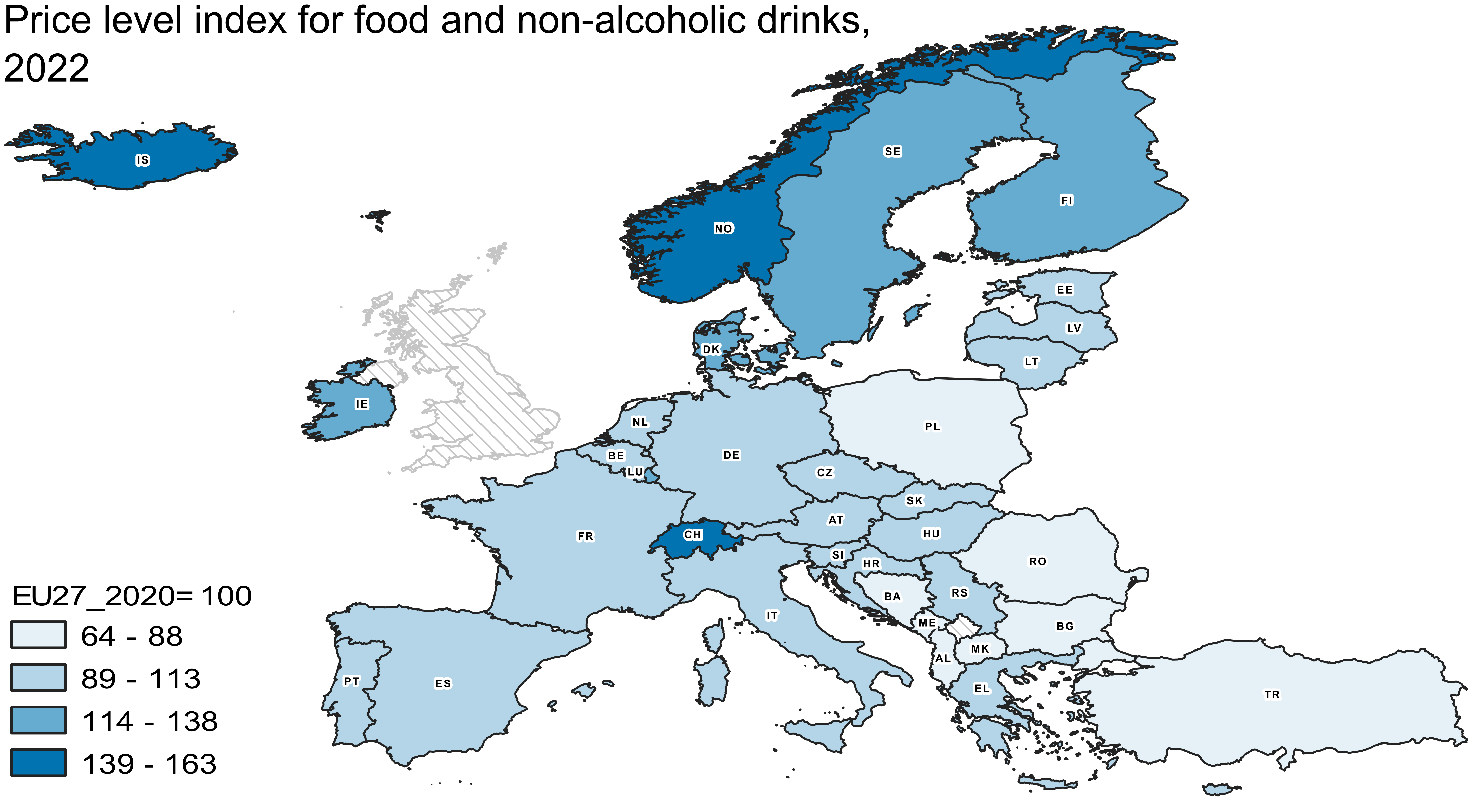 The map describes the price level differences of food and non-alcoholic beverages in European countries in 2022. Food and non-alcoholic beverages were most expensive in the EFTA countries Switzerland, Norway and Iceland. In these countries, the price level exceeded the EU average by 40 to 60 per cent. Food was most affordable in Türkiye and North Macedonia, their price level was less than 70 per cent of the EU average. The price levels for food in EU countries settled between these two groups.
