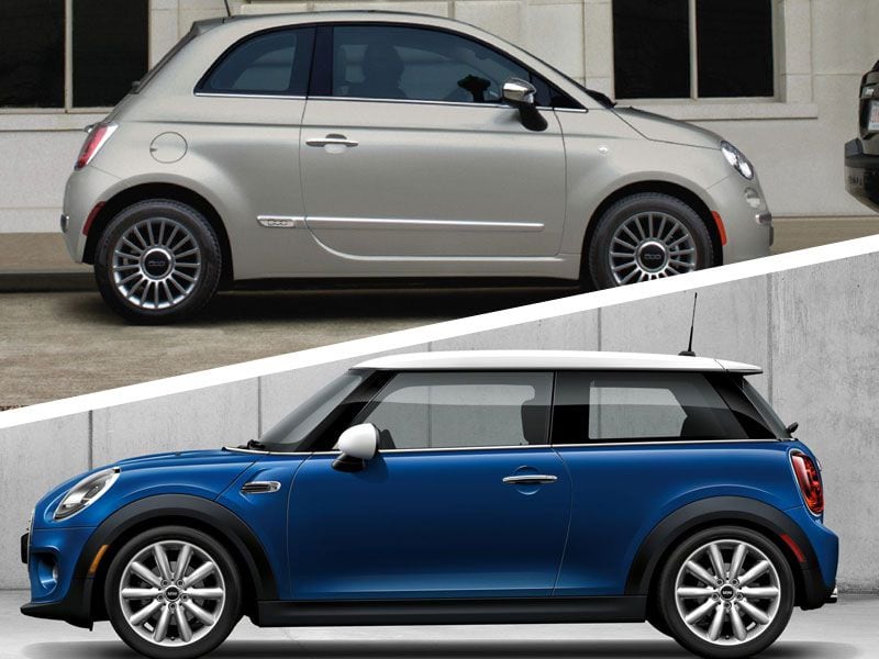 2017 Fiat 500 vs 2017 Mini Cooper exterior profile 