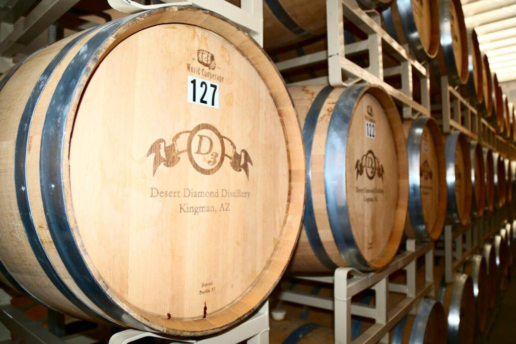 Up-close view of the distillery barrels