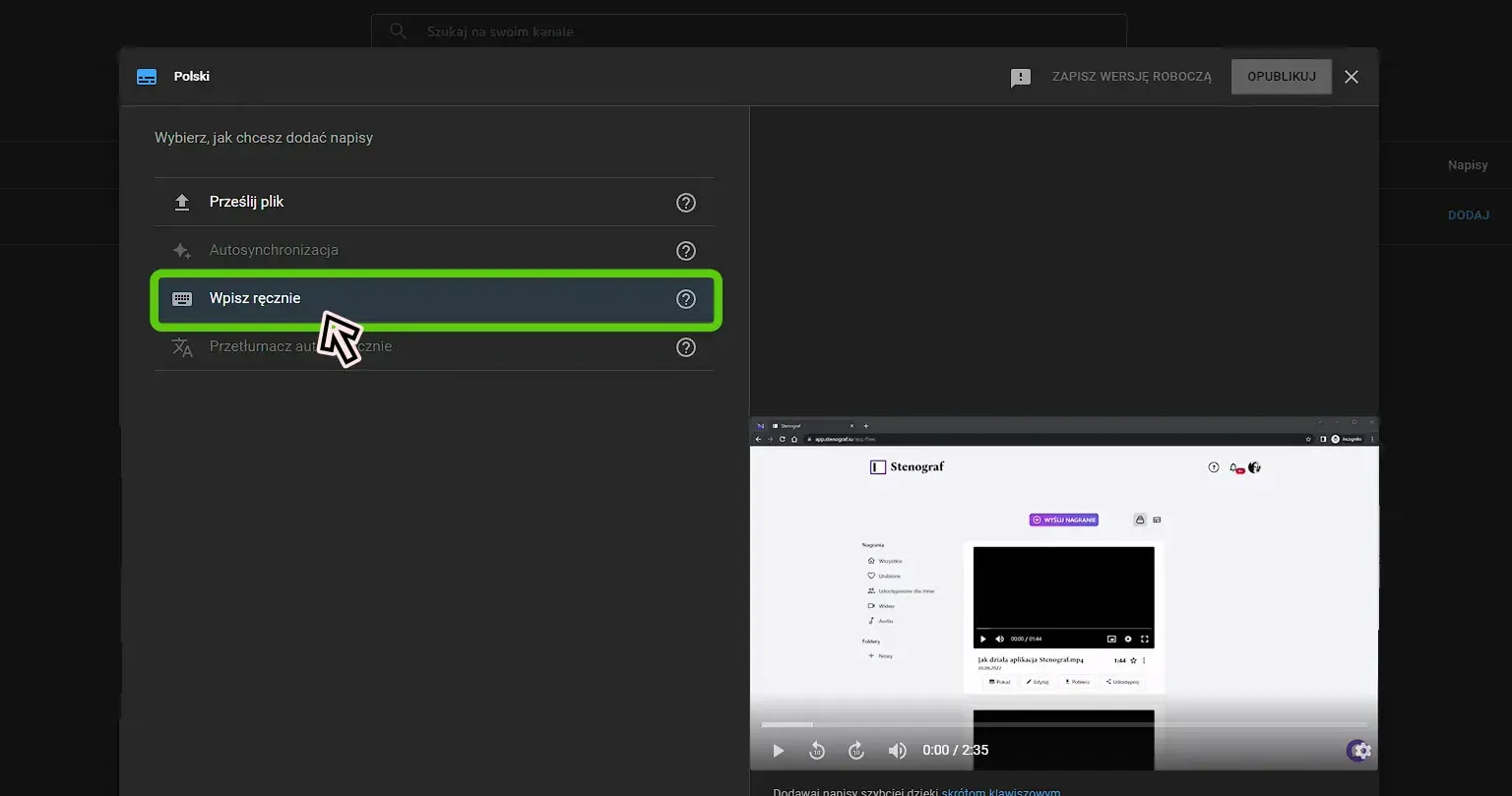 Przejście do edytora napisów na YouTube.webp