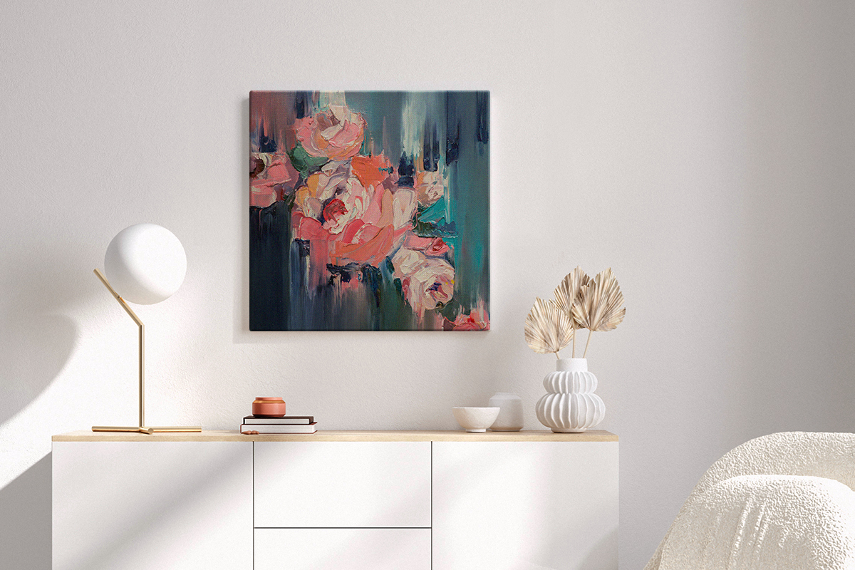 canvas print of botanical art above drawer