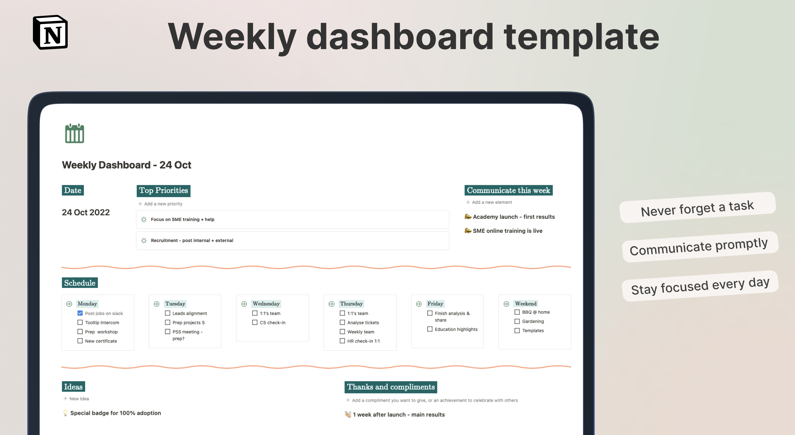 Overview of the weekly dashboard template - manage tasks and goals with ease in Notion.