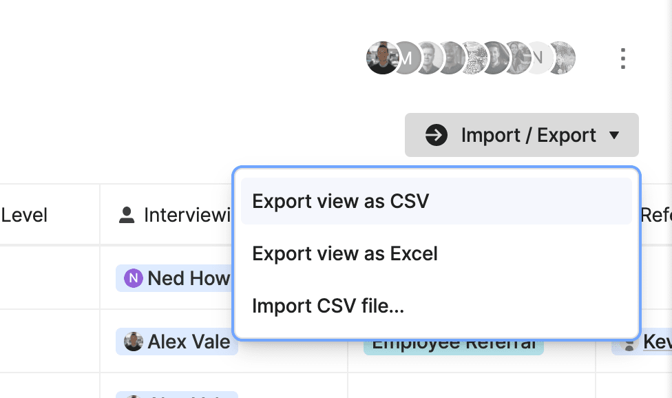 The dropdown in a collection that offers users the option to export collection data as a CSV file, Excel file, or import a CSV.