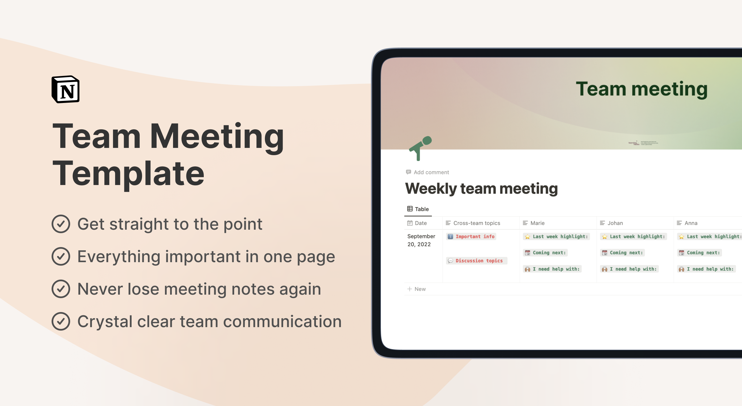 Team meeting template summary - one-page overview to keep meetings on track