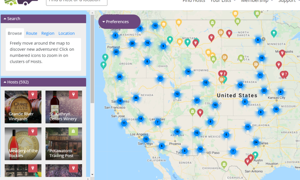 Harvest Host Locations Map - Dusty Shirlene