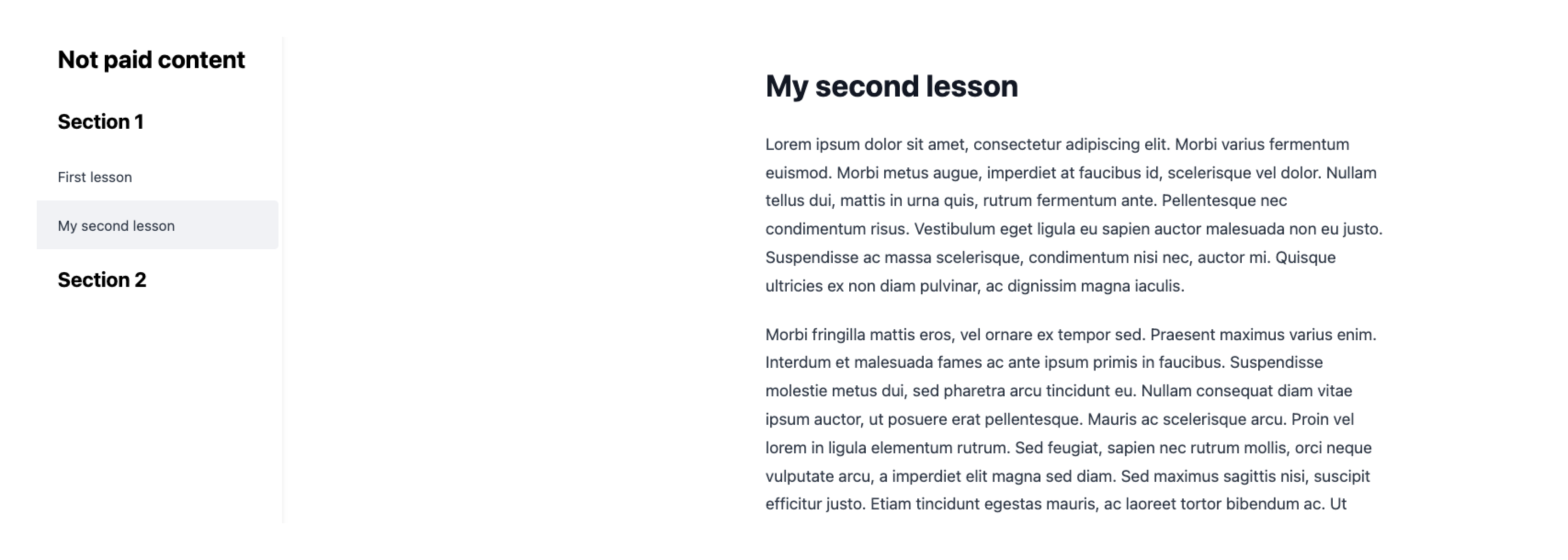 "My Second Lesson" page showing rich text and a sidebar navigation with the correct lesson selected