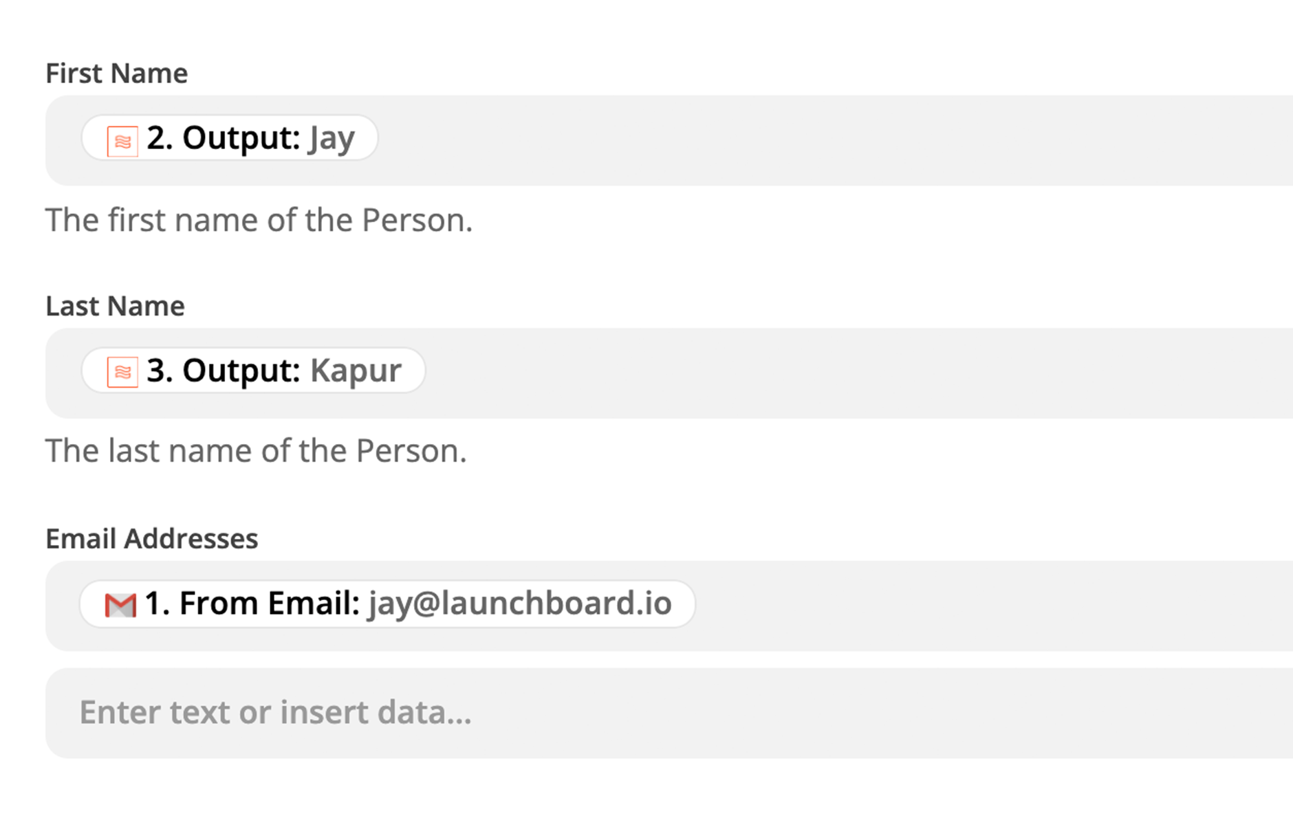 An action step in Zapier is being configured to create a new person record using data from step 1 of the Zap