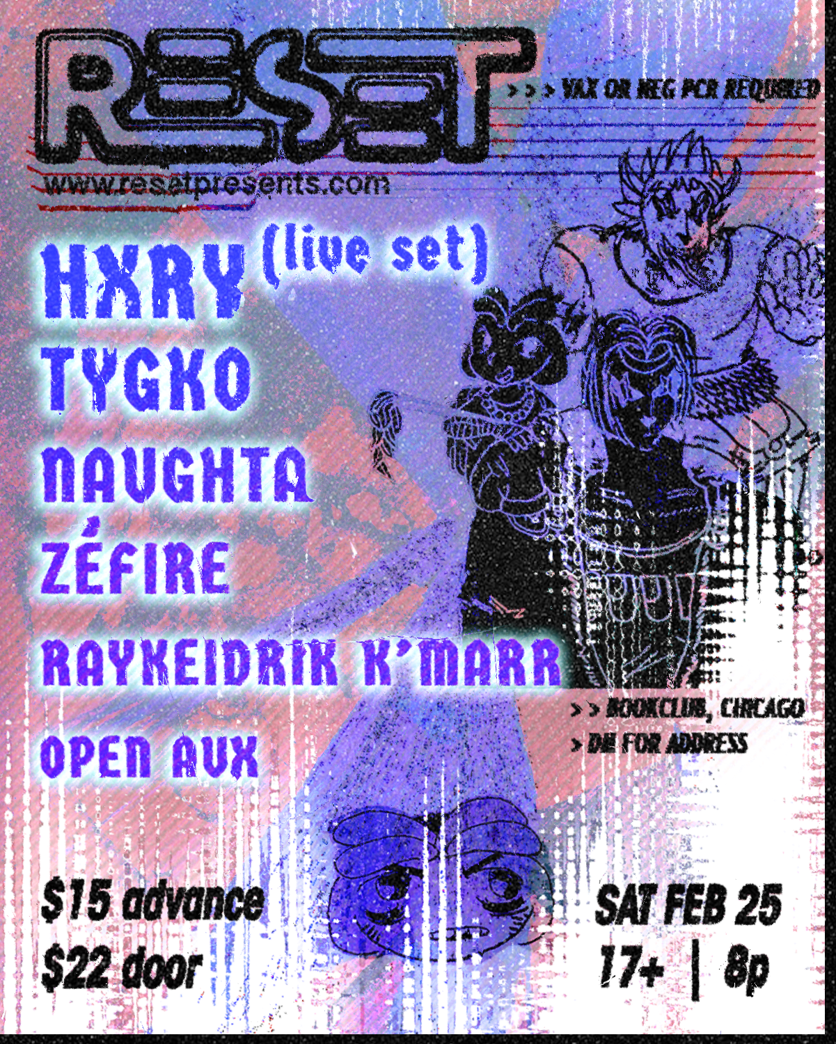 HXRY (live set), TYGKO, Naughta, ZéFIRE, RayKeidrik K'Marr, + open aux! flyer