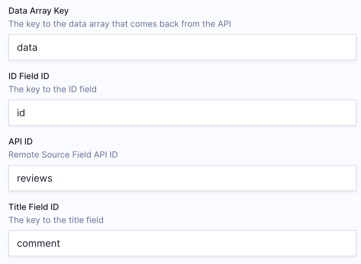 Configuration fields for Data Array Key, ID FIeld ID, API ID, and Title Field ID
