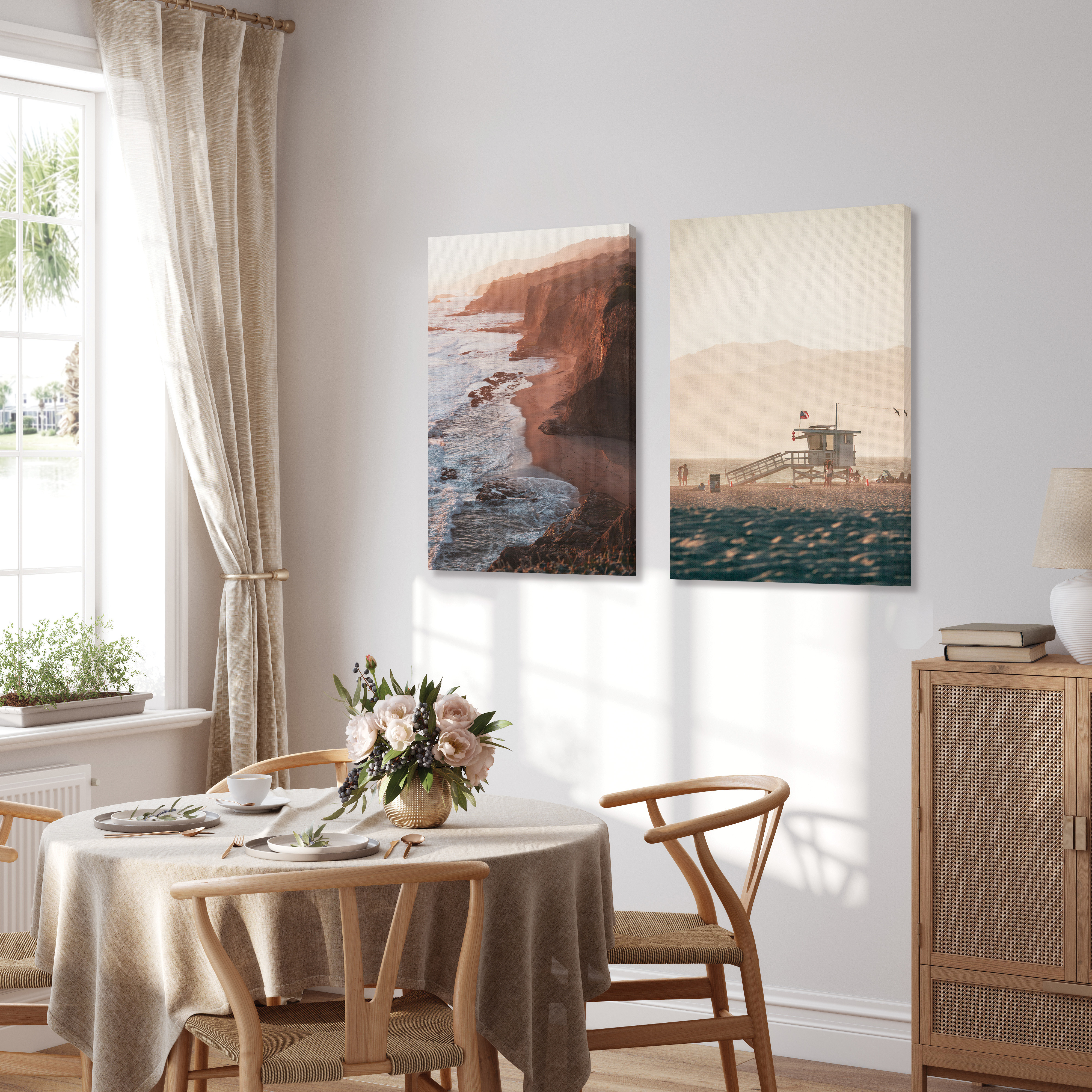 Canvas prints of various landscape shots in dining room