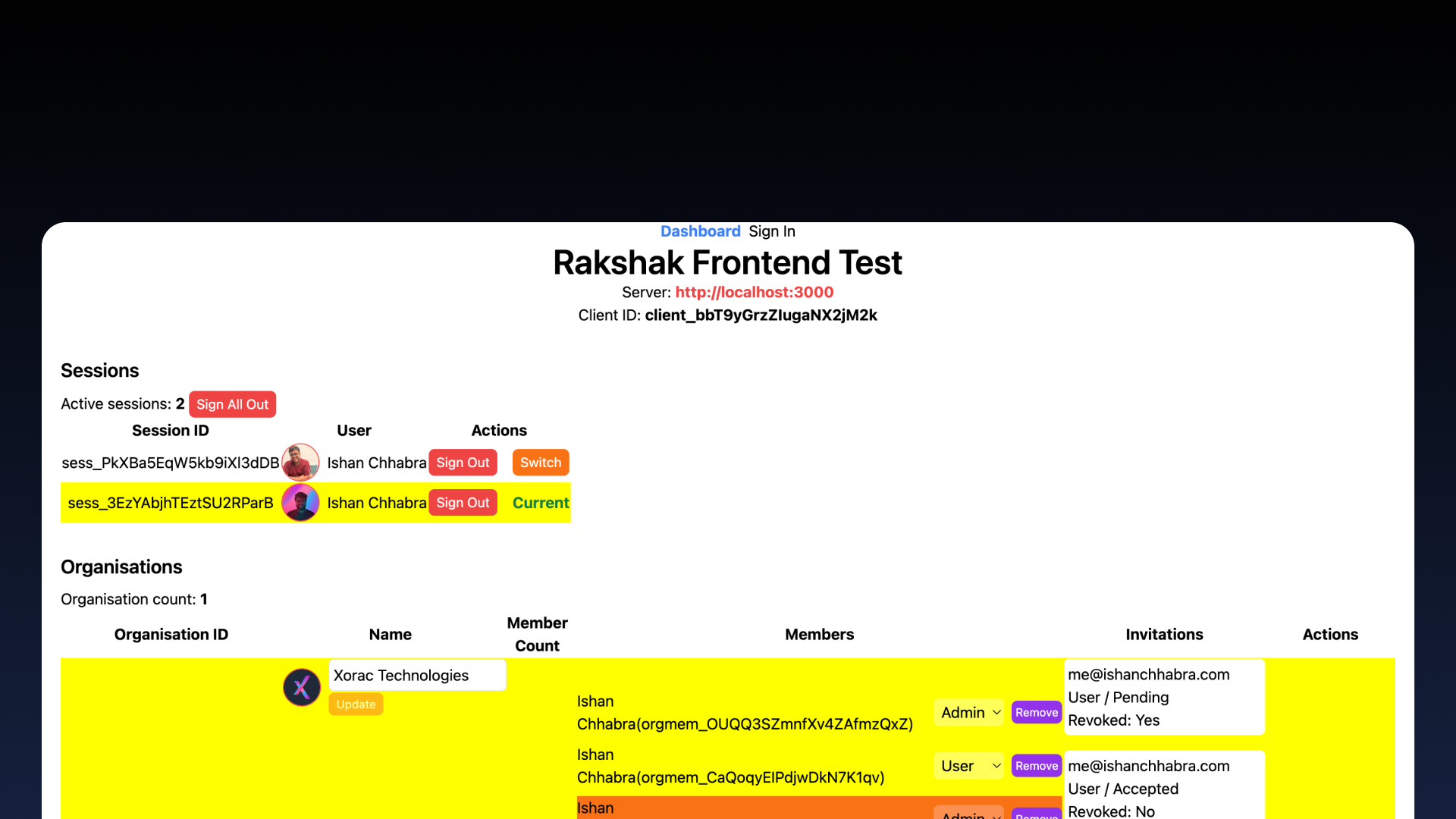 A Rakshak test frontend showcasing multiple sessions and their organisations - along with an option to switch!