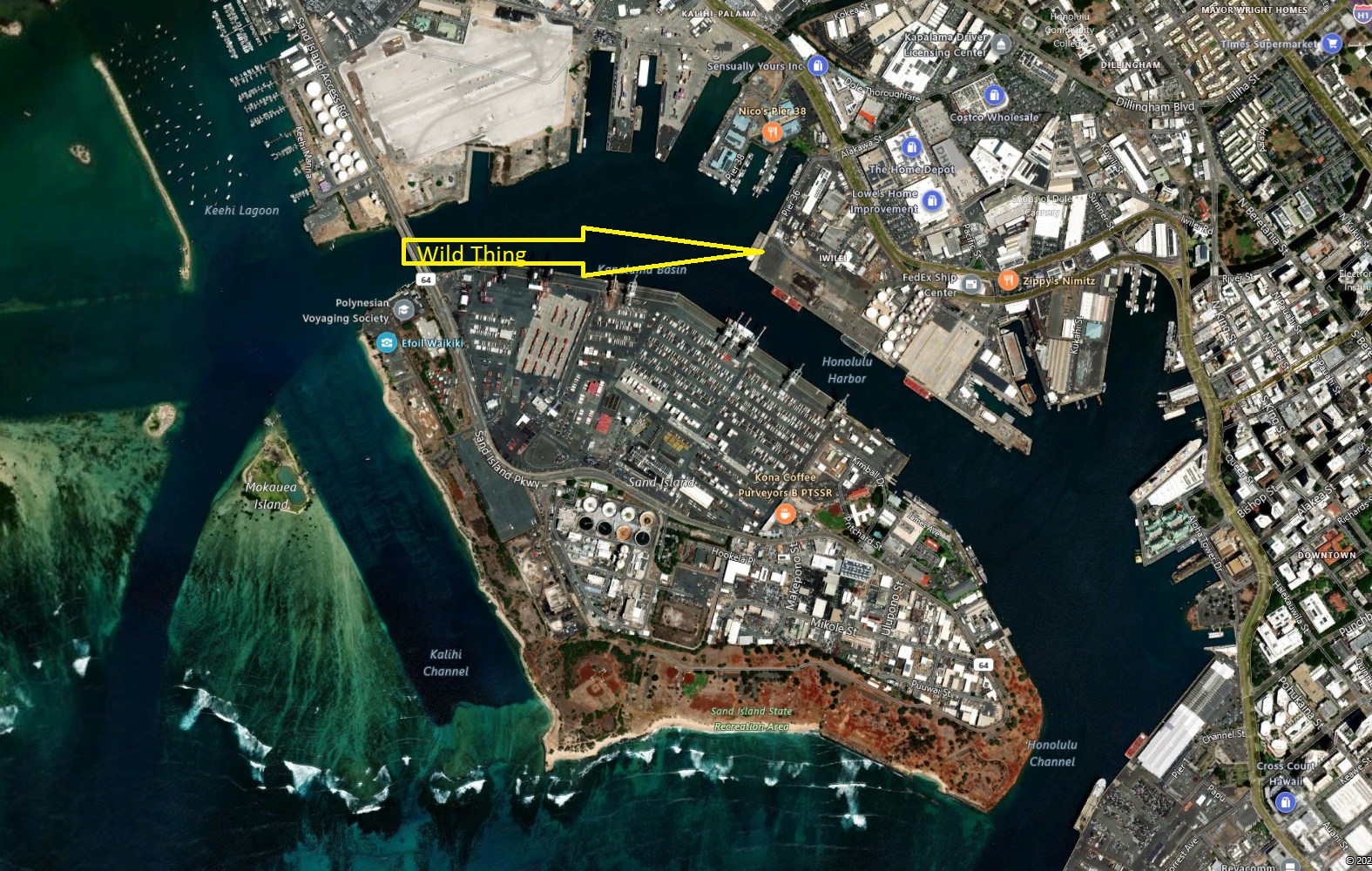 Satellite view of Honolulu Harbor and Pier 34