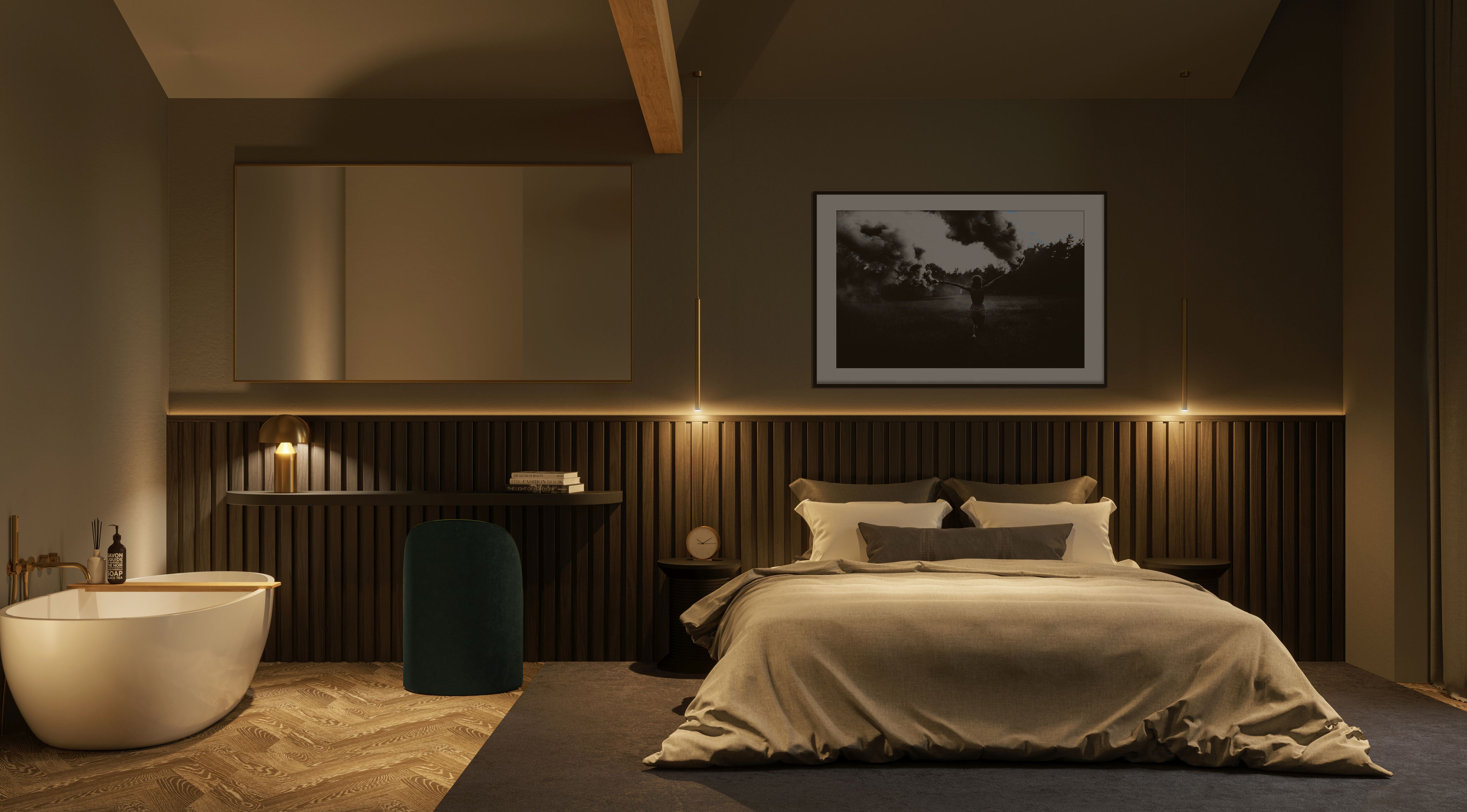 Velvet hotel room with freestanding bath