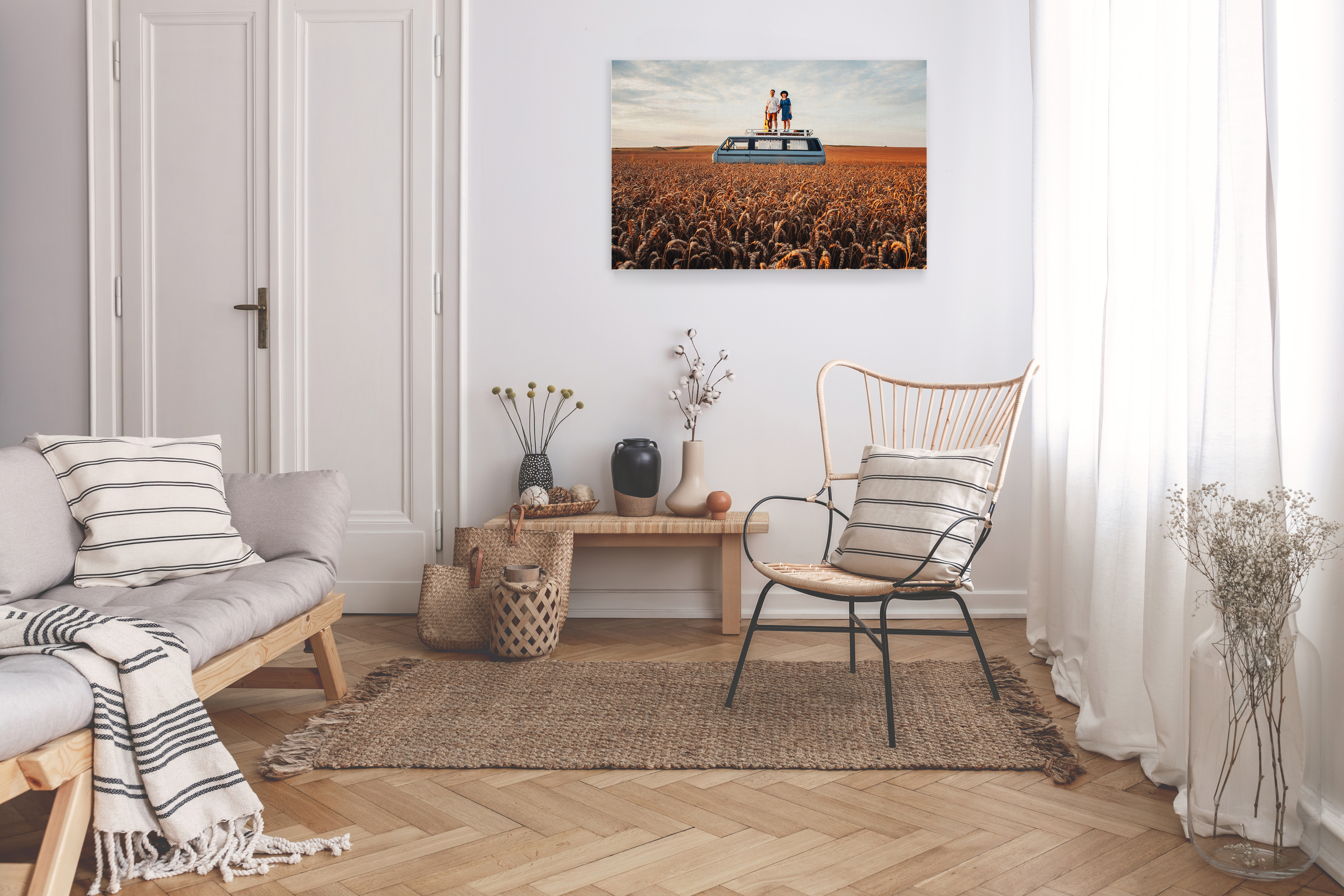Canvas print of couple in a field with RV in living room