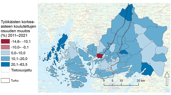 Kartta 5. Työikäisten korkea-asteen koulutettujen osuuden muutos postinumeroalueittain Turun kaupunkiseudulla 2011–2021. Keskeinen sisältö on kuvattu tekstissä.