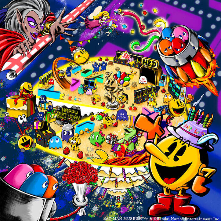 PAC-MAN 42nd birthday collage with ghosts Blinky, Pinky, Inky and Clyde, a birthday cake and game screen in the background.