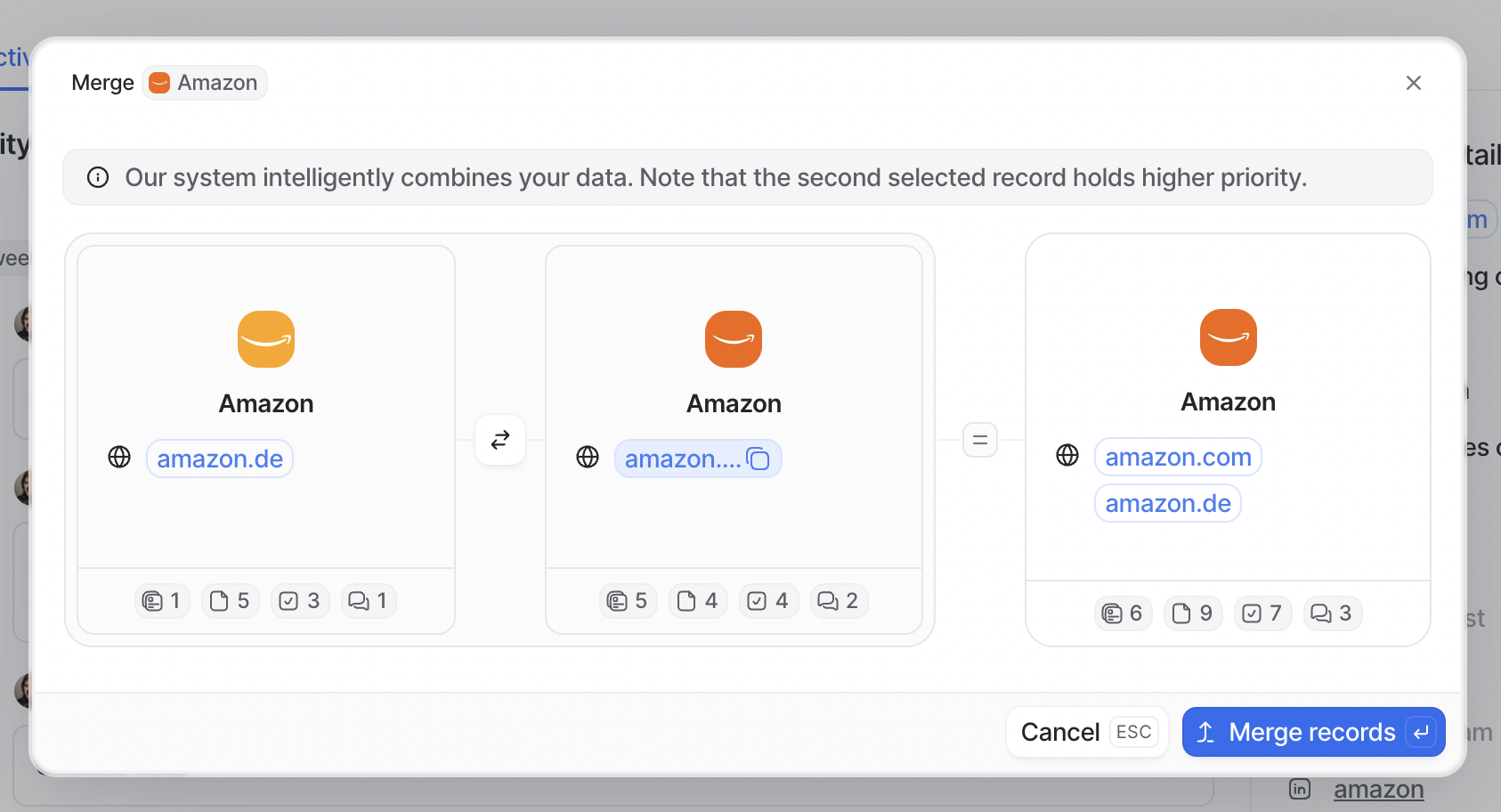 Two records are being merged into one with the merge tool