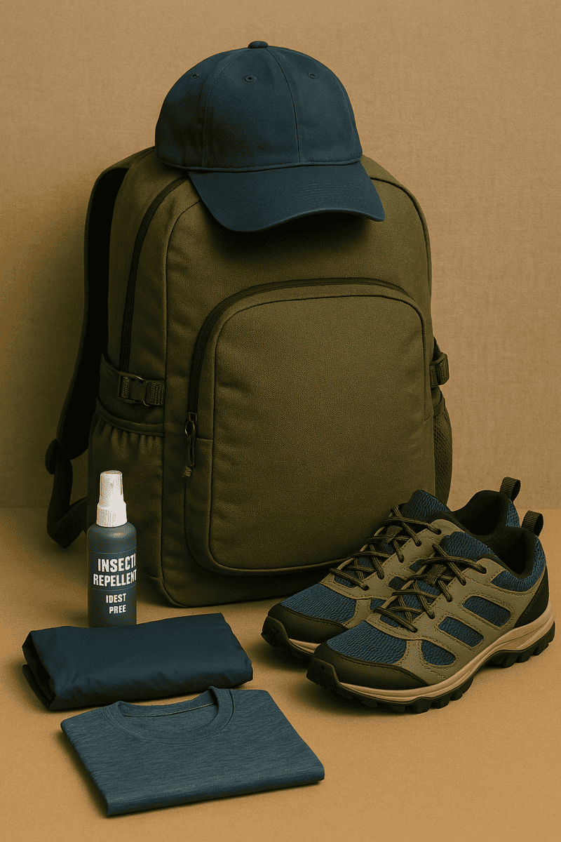 A backpack with a day hiking kit including a cap or hat, insect repellent, a light raincoat, layered clothing, and non-slip_trekking shoes. (2).png