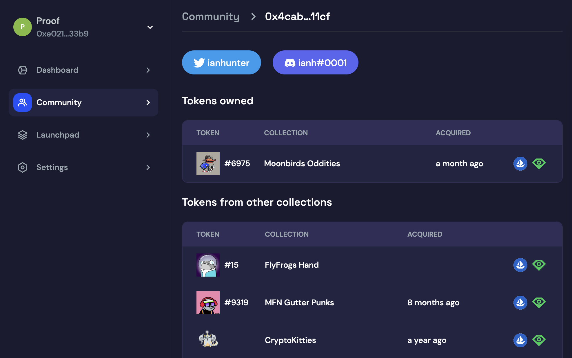 Mintdrop screenshot viewing community holder's twitter and discord