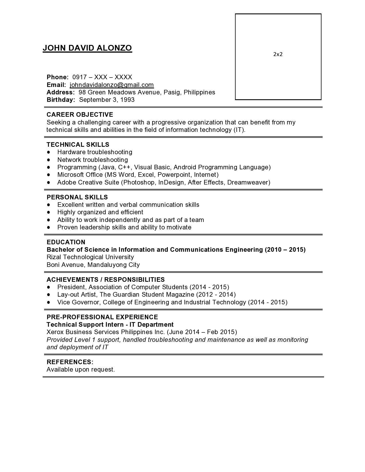 simple resume sample for fresh graduate