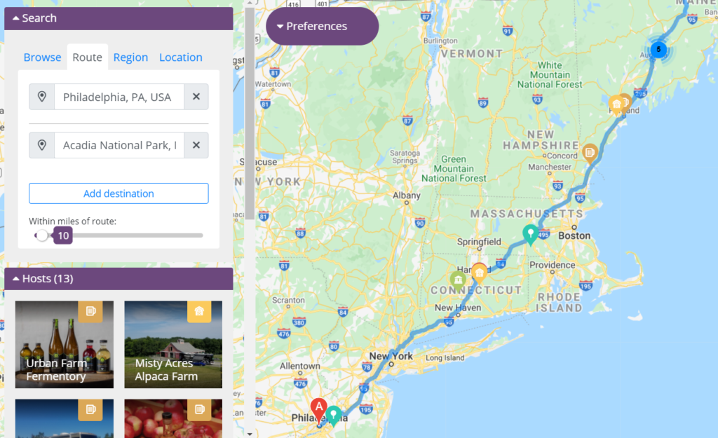 The route search feature allows members to search for hosts along a certain route. In this case, it shows locations along the way from Philadelphia to Acadia National Park.