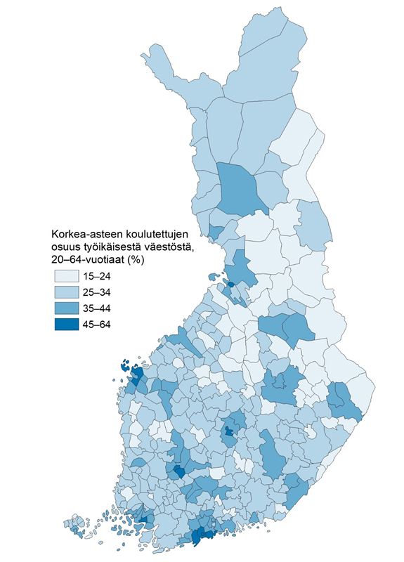 Kartta 1. Korkea-asteen koulutettujen osuus työikäisestä väestöstä kunnittain 2021. Keskeinen sisältö on kuvattu tekstissä.