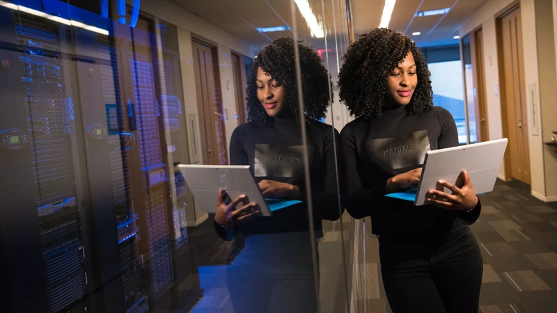 business woman in front of servers