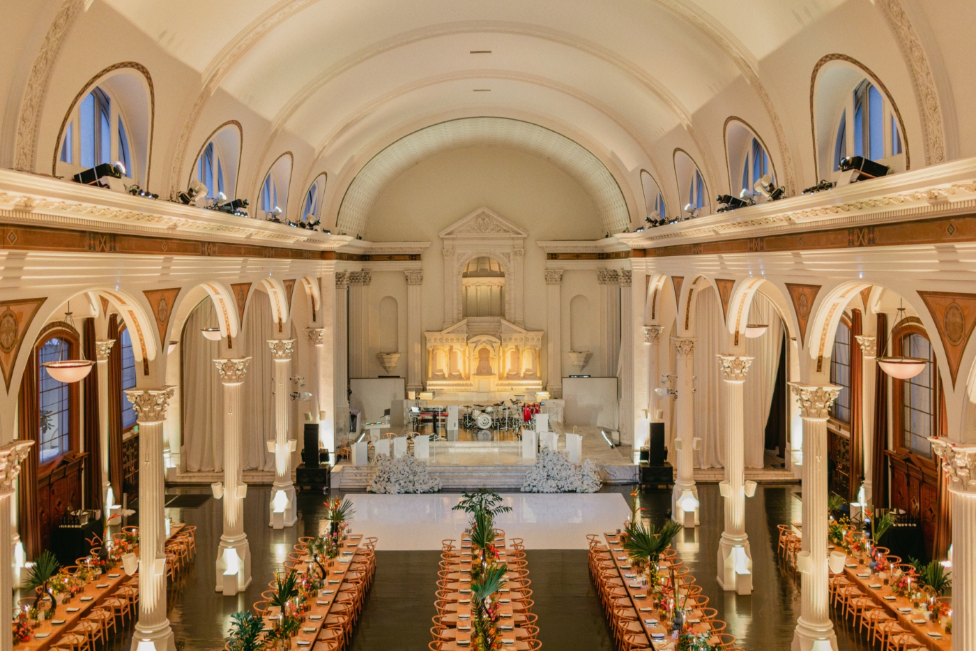 a cathedral hall setup for a wedding reception in downtown Los Angeles