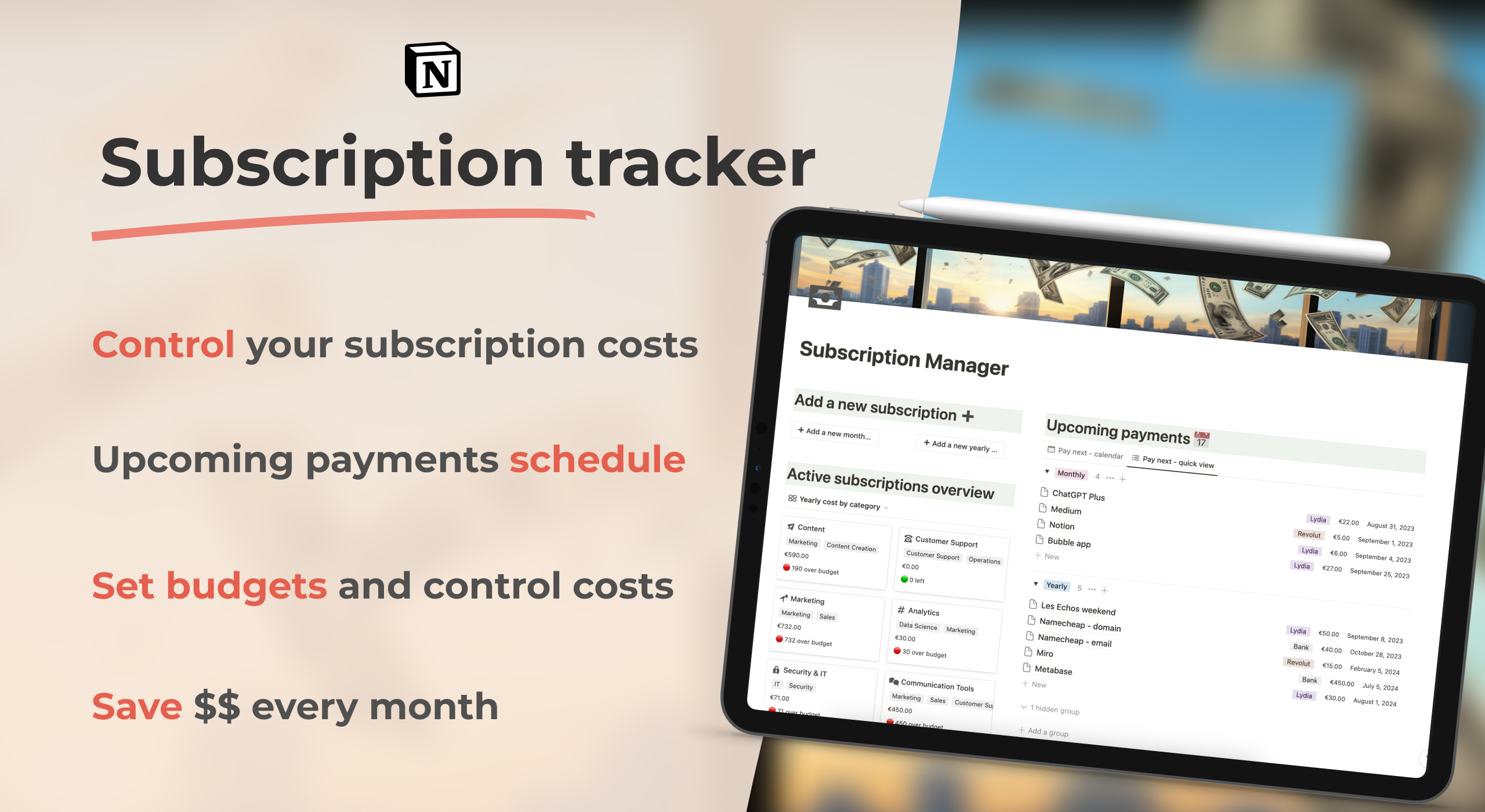 Front page of subscription tracker - control costs and manage upcoming payments.