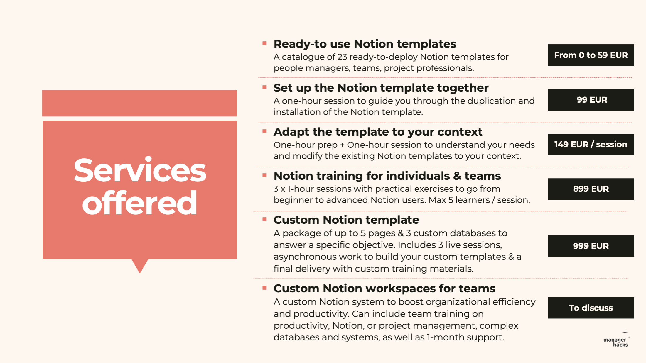 List of consulting services offered with a focus on creating custom Notion templates for team management